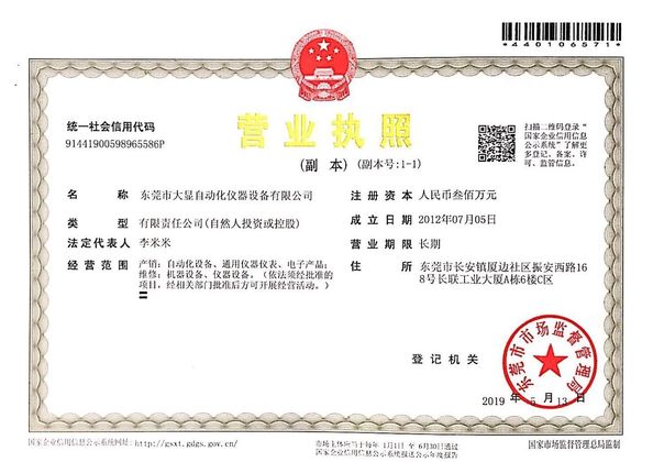 China DONGGUAN DAXIAN INSTRUMENT EQUIPMENT CO.,LTD Zertifizierungen